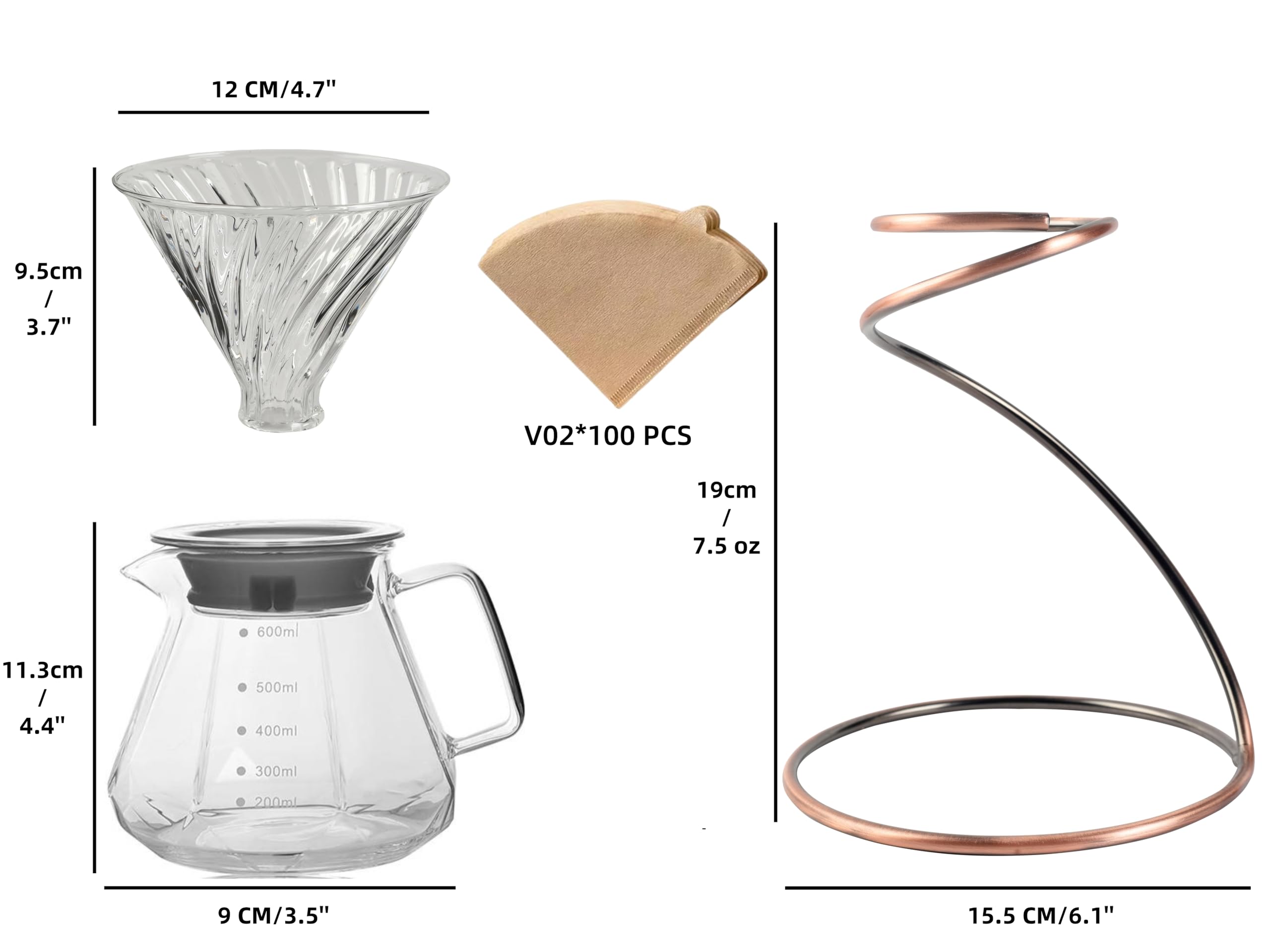 HYAXGM Pour Over Coffee Maker Set，20oz/600ml Pour Over Coffee Dripper & Glass Lid，Metal Dripper Stand and 100 Count Paper Coffee Filters，4 in 1 Set for Home or Office