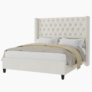 Jocisland Queen Size Bed Frame Velvet Upholstered Platform Bed with 51.6" Tall Wingback Headboard Deep Button Tufted, No Box Spring Needed, Cream