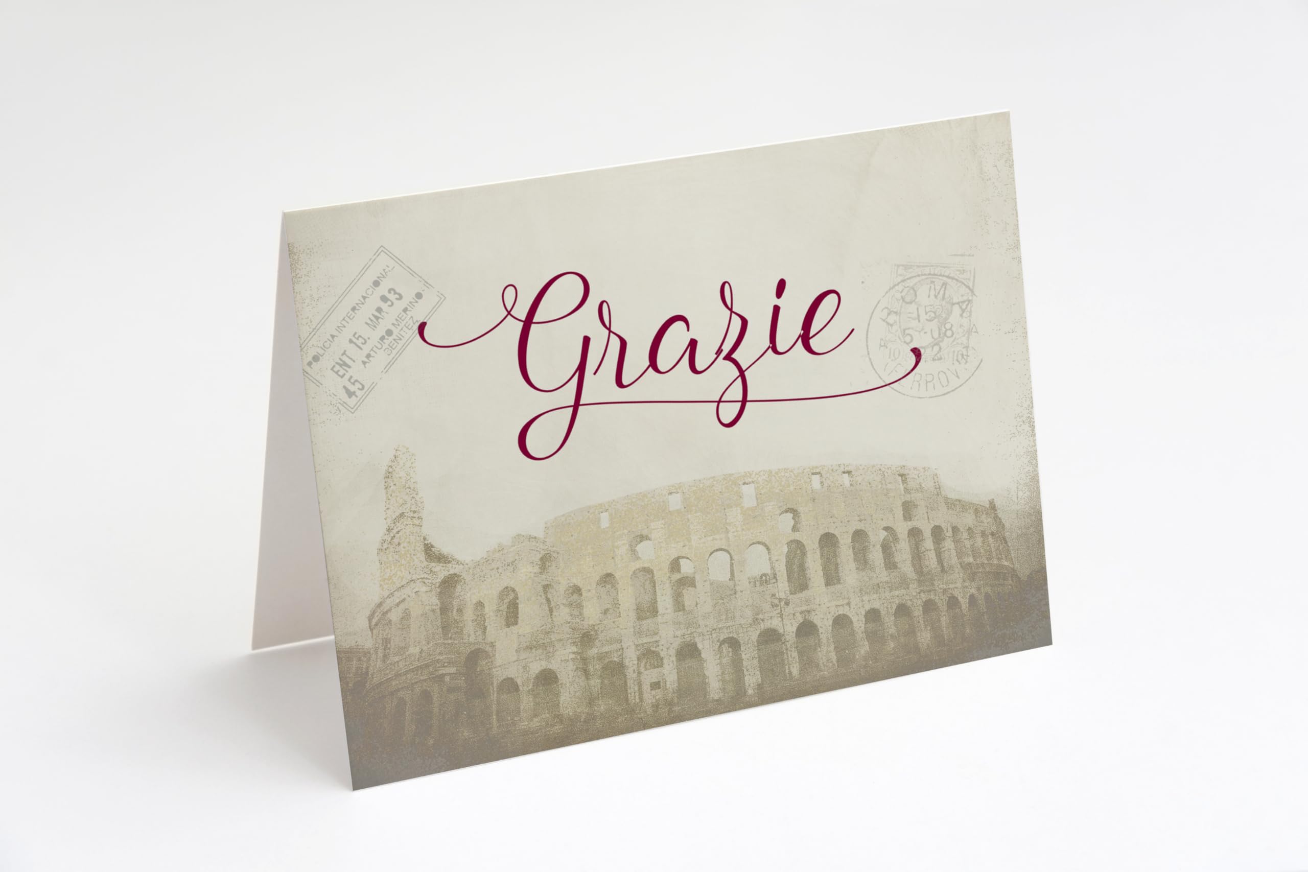 The Invite Lady Grazie Thank You Cards Bridal Wedding Shower Colosseum Rome Italy Italian Passport Stamps Honeymoon Travel Adventure Awaits That's Amore Brown Vintage (24 Count)