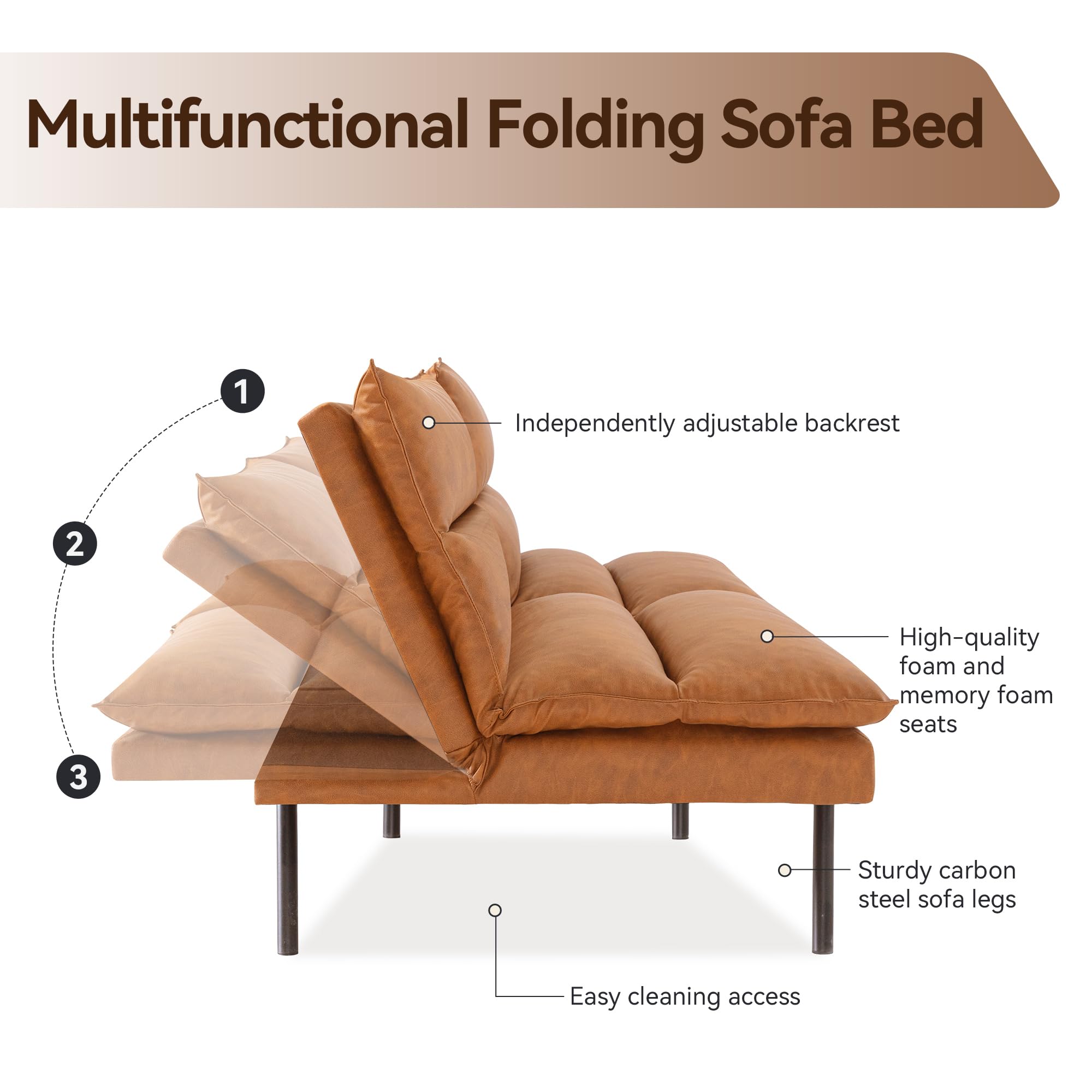 AMICLIBER Futon Sofa Bed, Memory Foam Futon Armless Sleeper Sofa Loveseat Convertible Couch Bed for Small Compact Living Spaces,Apartment,Brown Leather