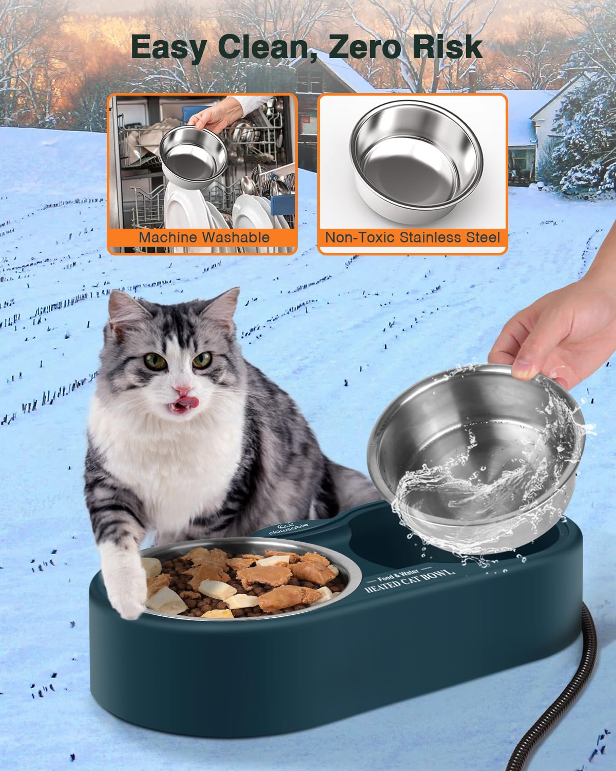 Clawsable Heated Water Bowl for Outdoor Cats with Removable Stainless Bowls, Coldproof & BPA Free, Waterproof Heated Pet Bowl Heater for Chickens Rabbit, Heated Bird Bath for Winter (27 oz)