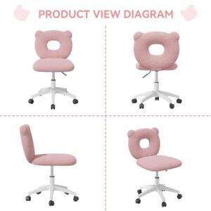 Nebuaegis Bear Kids Desk Chair with Wheels& Back, Adjustable Armless Child Study Chair, Cute Teddy Fabric Office Chair, Vanity Makeup Chair for Girl & Lady in Bedroom Reading Living Room,Pink