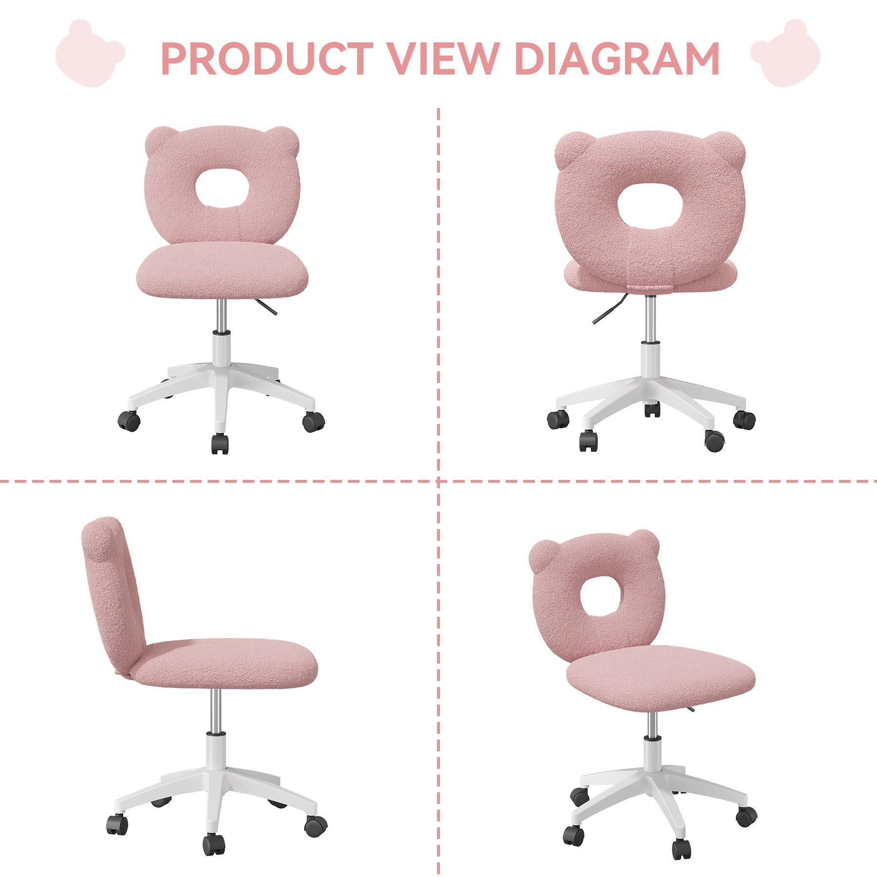 Nebuaegis Bear Kids Desk Chair with Wheels& Back, Adjustable Armless Child Study Chair, Cute Teddy Fabric Office Chair, Vanity Makeup Chair for Girl & Lady in Bedroom Reading Living Room,Pink