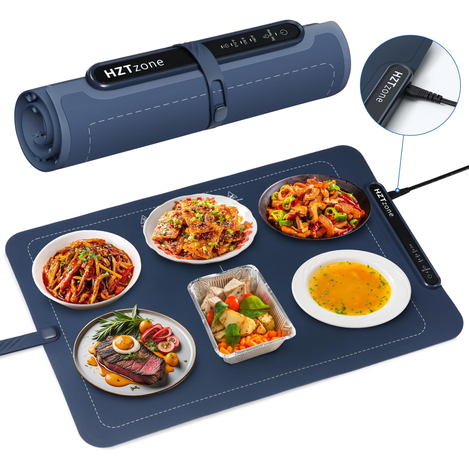 HZTzone Electric Warming Mat for Food, Electric Warming Tray with 3 Adjustable Temperature Modes, Rollable & Portable Food Warmer, Auto Shut-Off, Silicone Heating Mat for Parties Buffet, Gatherings