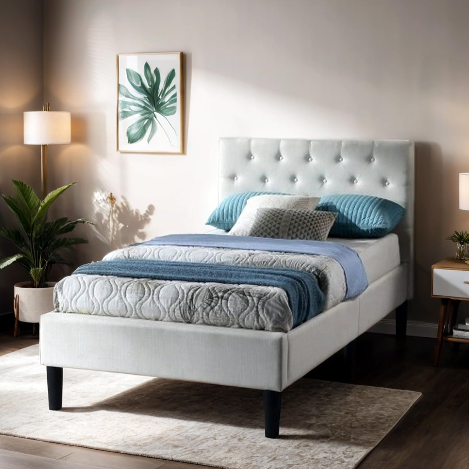 Twin Bed Frame with Fully Piece Headboard, Linen Upholstered Platform Bed with Wooden Slats, No Box Spring Needed, Easy Assembly, Beige