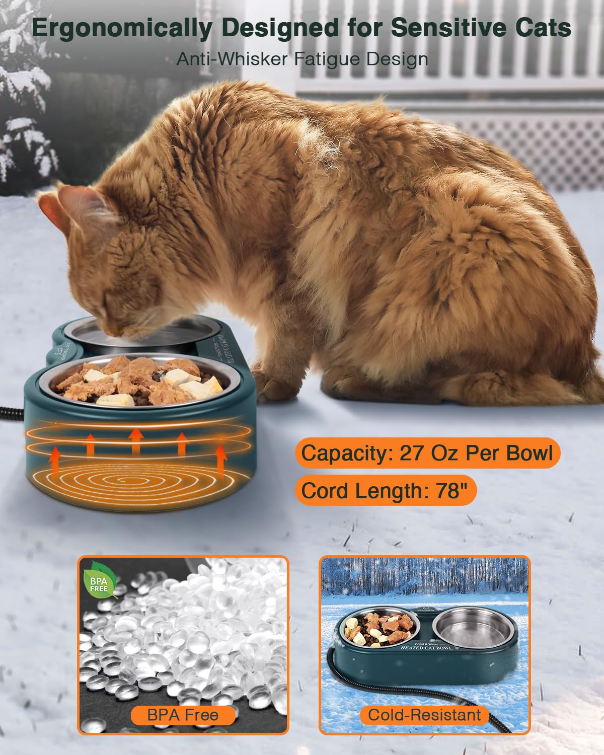 Clawsable Heated Water Bowl for Outdoor Cats with Removable Stainless Bowls, Coldproof & BPA Free, Waterproof Heated Pet Bowl Heater for Chickens Rabbit, Heated Bird Bath for Winter (27 oz)