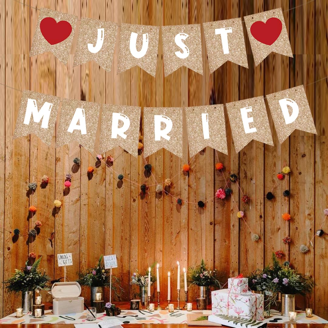 Just Married Banner Wedding Party Banner Just Married Signs Gold Wedding Reception Party for Bridal Shower Decorations