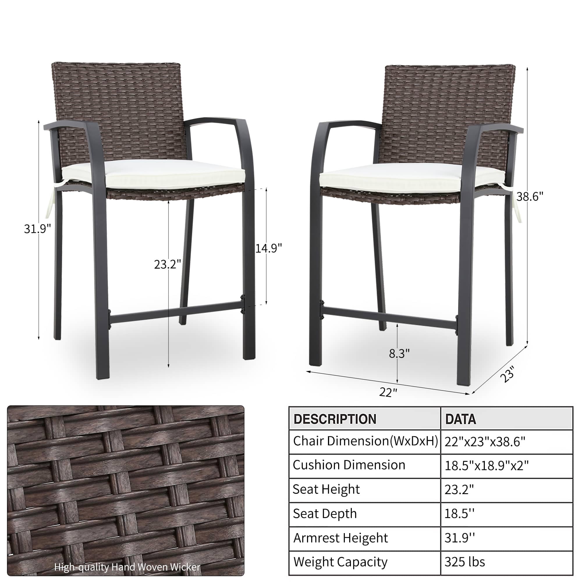 PatioFestival Counter Height Patio Bar Stools Set of 4 Wicker Outdoor Chairs Sets with Cushion Metal Arm Leg Footrests All Weather Frame (Brown)