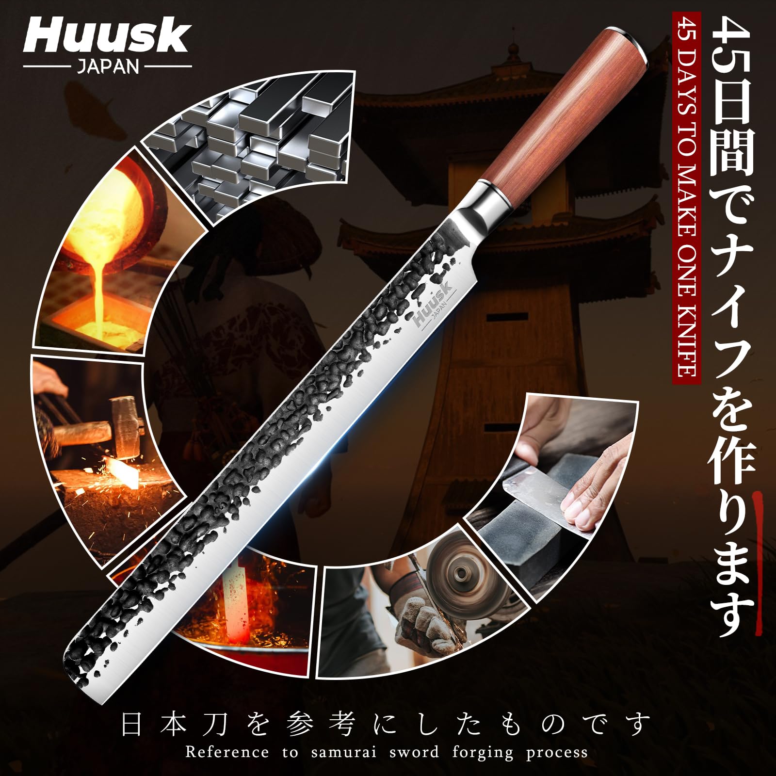 Huusk Brisket Slicing Knife 12", Hand-forged Carving Knife for Meat Cutting, High Carbon Steel Brisket Trimming Knife, Japanese Meat Slicing Knife for Turkey BBQ, Gift for Dad Mom