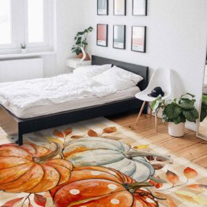 Lsrtoss Rectangular Area Rug for Living Room, Bedroom, Orange White Pumpkins Fall Non-Slip Residential Carpet, Kitchen Rugs, Maple Leaf Harvest Plaid Floor Mat with Rubber Backing 2'7" x 5'