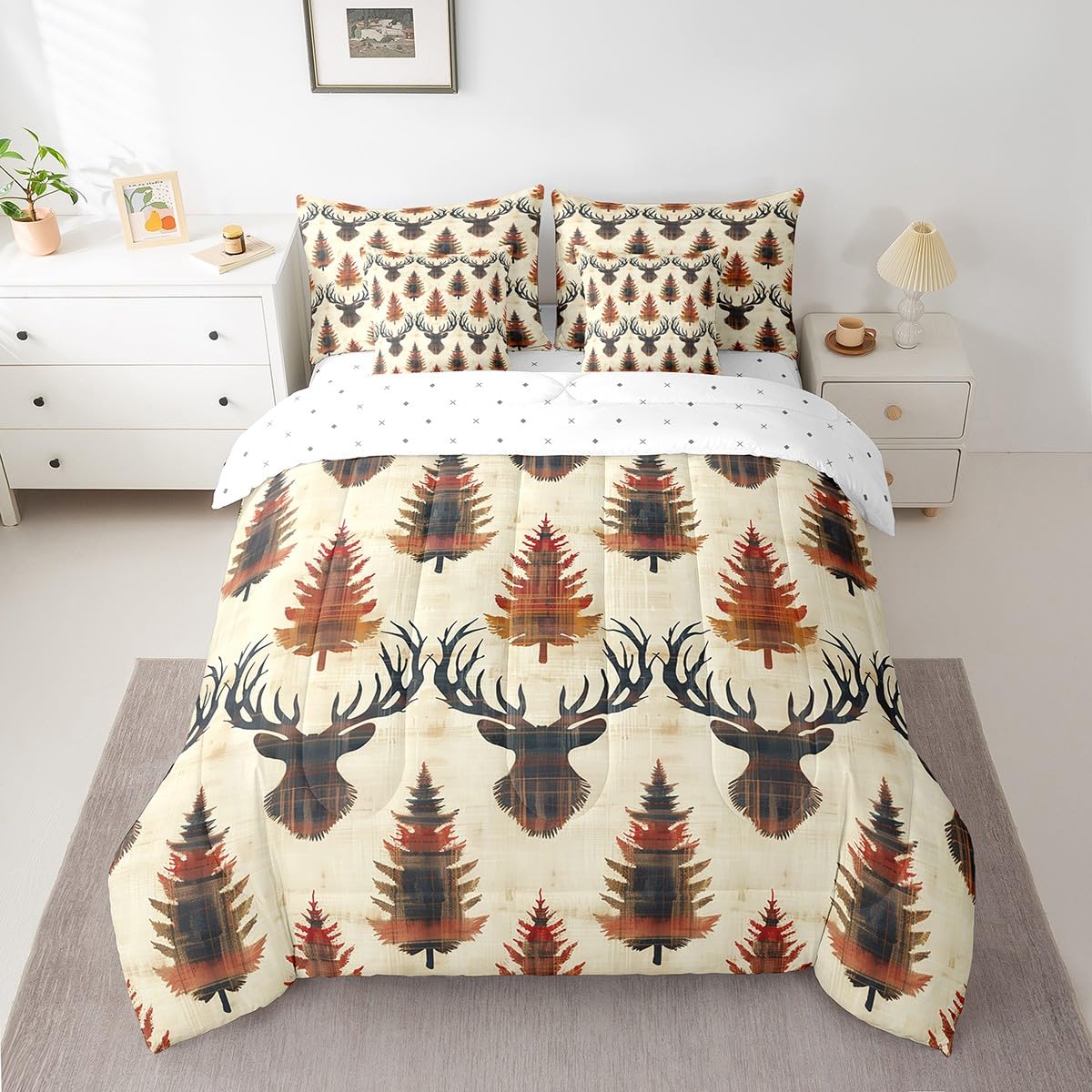 Feelyou Boys Girls Cute Deer Comforter Set with Sheets Queen Size, Deer Hunting 7 Pieces Bedding Sets Kids Antlers Bed in A Bag Boho Teens Bed Set Bedroom Decor