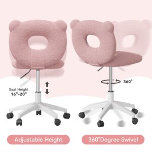 Nebuaegis Bear Kids Desk Chair with Wheels& Back, Adjustable Armless Child Study Chair, Cute Teddy Fabric Office Chair, Vanity Makeup Chair for Girl & Lady in Bedroom Reading Living Room,Pink