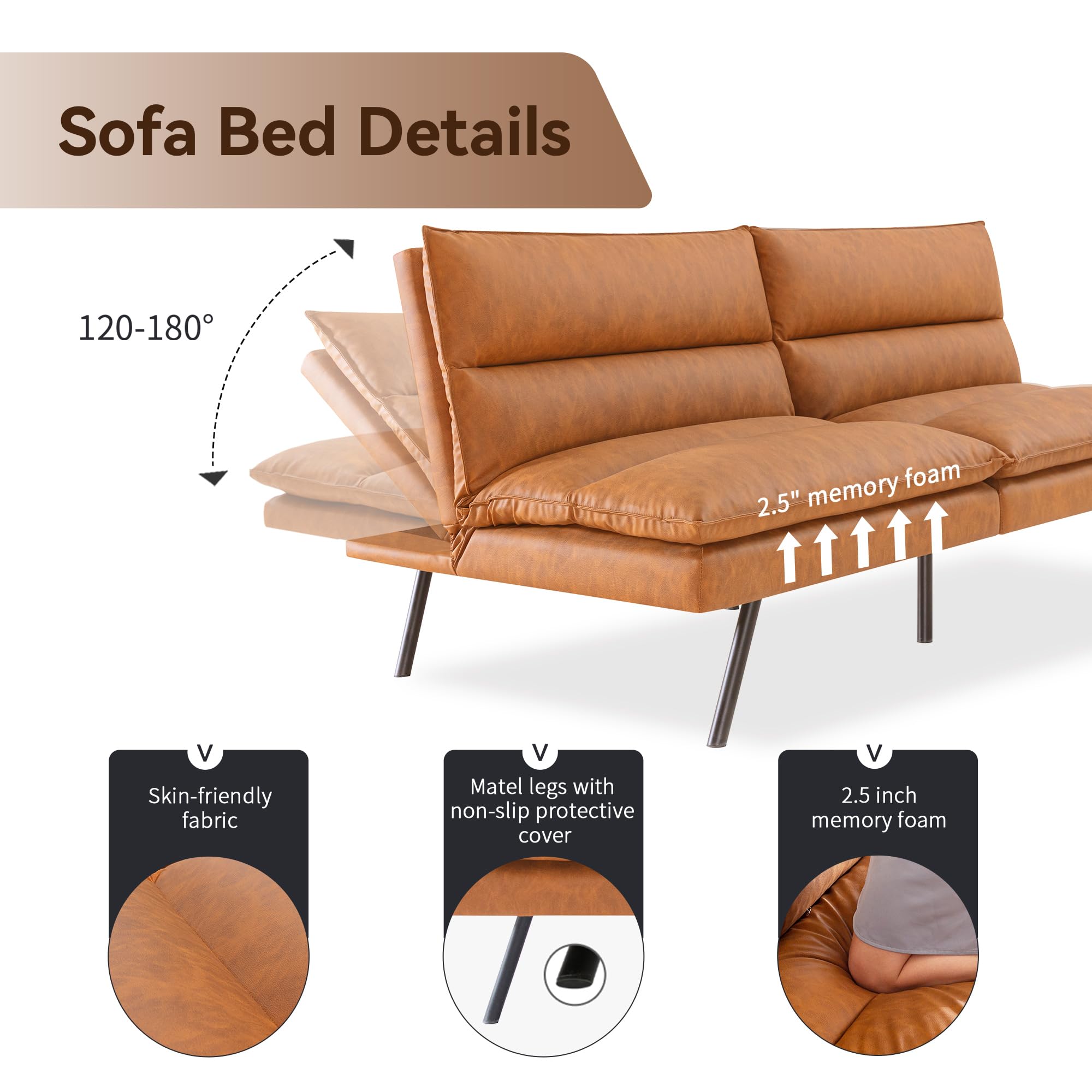 AMICLIBER Futon Sofa Bed, Memory Foam Futon Armless Sleeper Sofa Loveseat Convertible Couch Bed for Small Compact Living Spaces,Apartment,Brown Leather