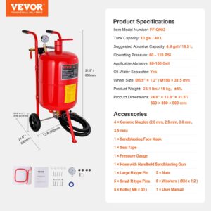 VEVOR Sand Blaster, 10 Gallon Pot Sandblaster, 60-110 PSI Pressure Sand Blasting Kit with 4 Ceramic Nozzles & 8ft Hose, Ideal for Paint, Stain, Rust Removal