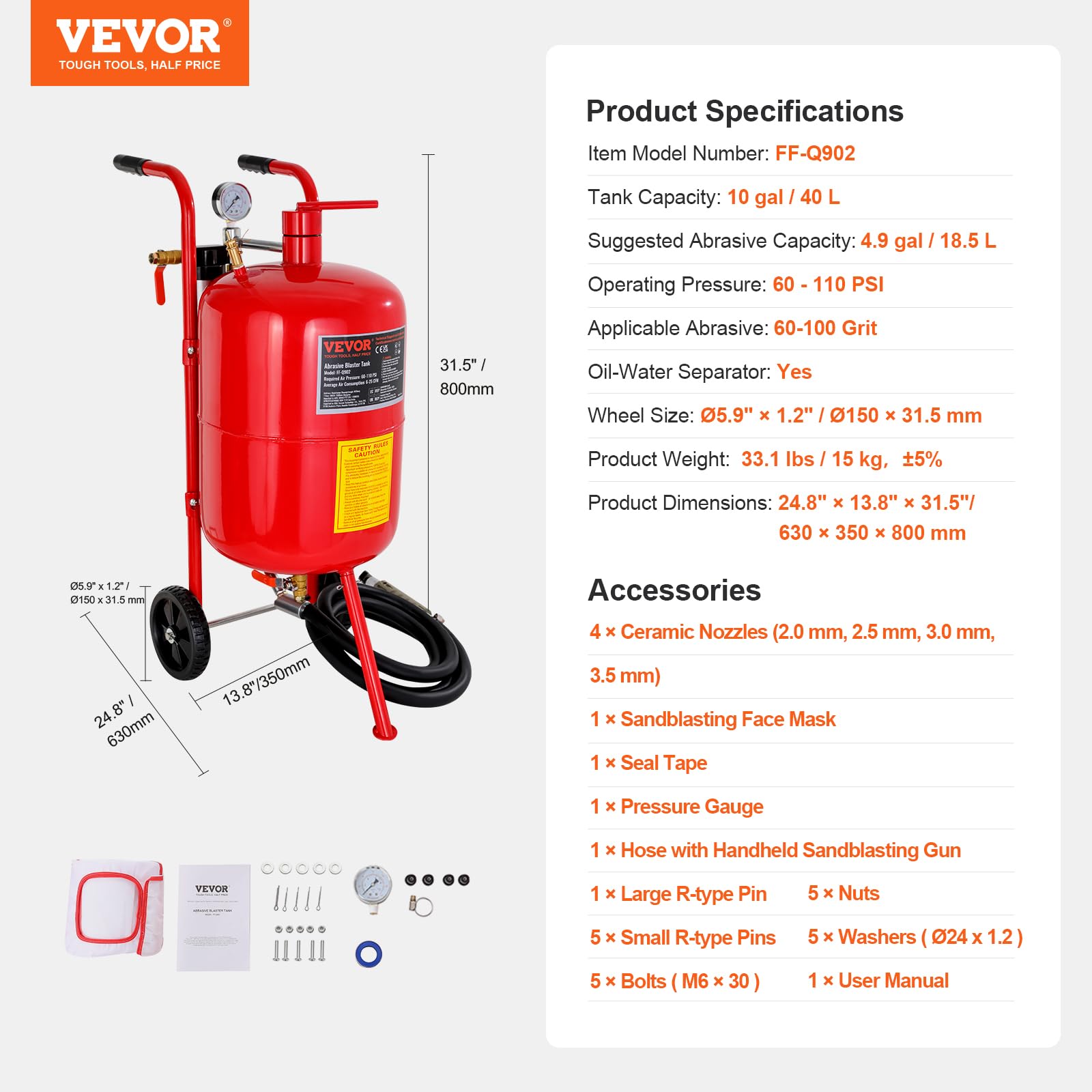 VEVOR Sand Blaster, 10 Gallon Pot Sandblaster, 60-110 PSI Pressure Sand Blasting Kit with 4 Ceramic Nozzles & 8ft Hose, Ideal for Paint, Stain, Rust Removal