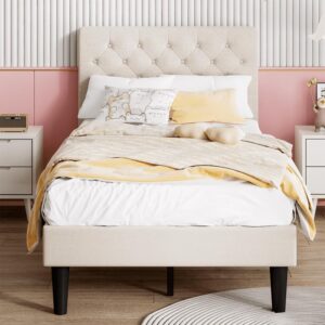 twin bed frame with fully piece headboard, linen upholstered platform bed with wooden slats, no box spring needed, easy assembly, beige