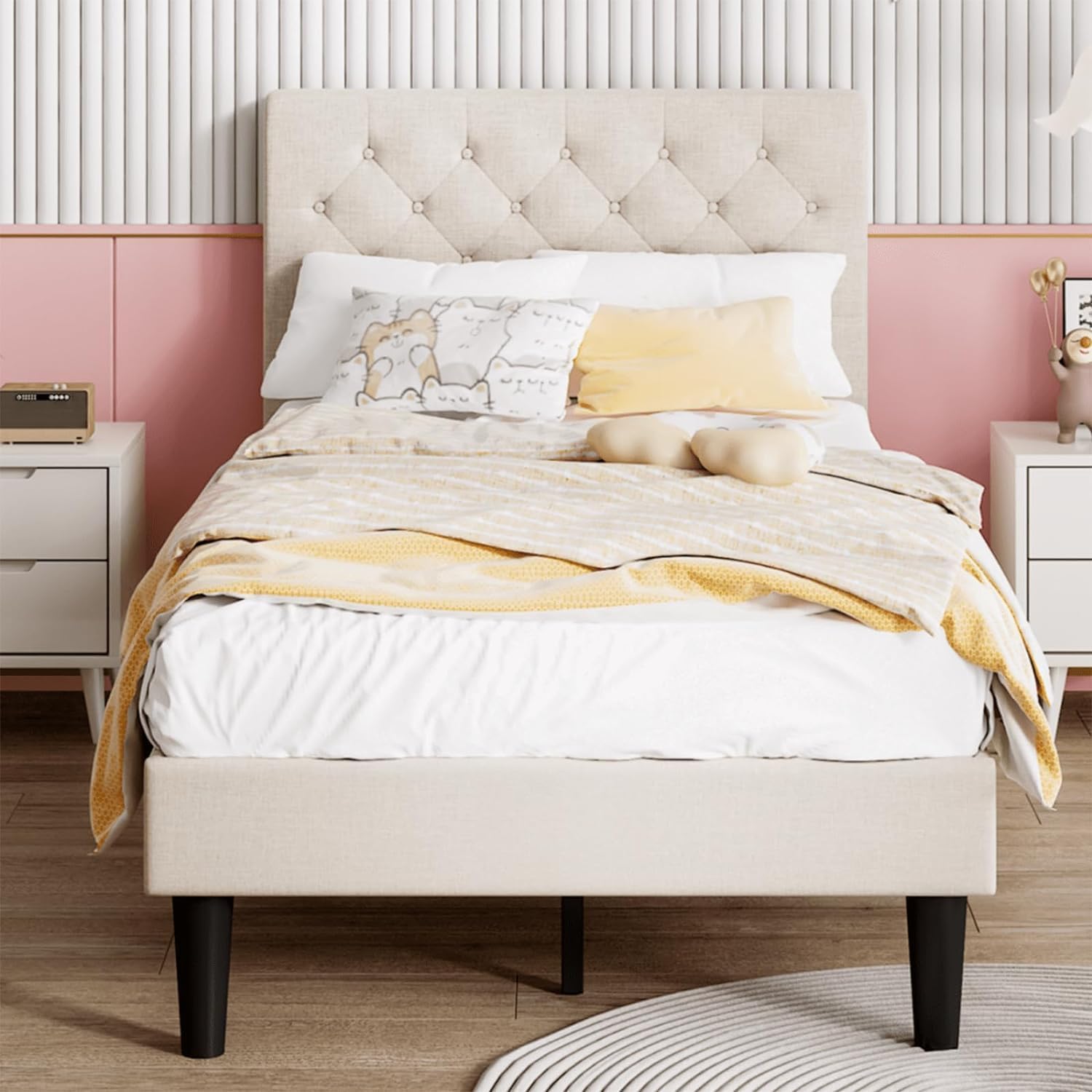 Twin Bed Frame with Fully Piece Headboard, Linen Upholstered Platform Bed with Wooden Slats, No Box Spring Needed, Easy Assembly, Beige