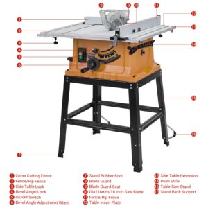 Table Saw, MERXENG 10 Inch 15A Multifunctional Saw With Stand & Push Stick, 90° Cross Cut & 0-45° Bevel Cut, 5000RPM, Adjustable Blade Height for Woodworking, Orange