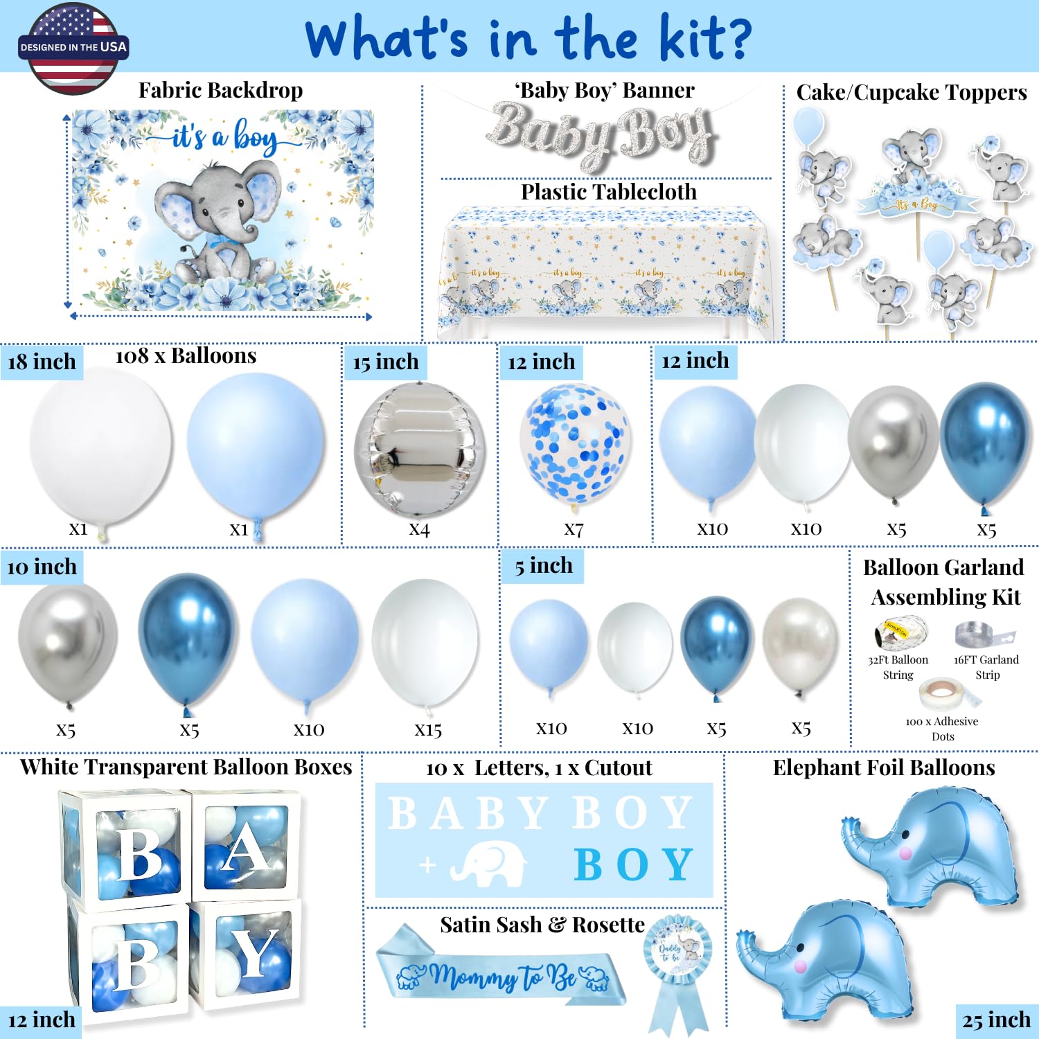 187 pc Premium Elephant Baby Shower Decorations for Boy - Balloon Garland Arch, Balloons Boxes, Baby Boy Banner, It's a Boy Backdrop, Mommy to Be Sash, Tablecloth, Elephant Cutouts and more