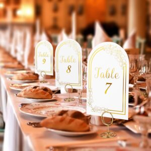 Wedding Table Numbers 1-20, 20 White Gold Table Number Cards with 20 Gold Table Number Holders, 1 Set of 20 Table Numbers for Wedding Reception(Card and Holder)