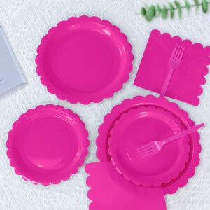 MUNILAIL 96 Pcs Hot Pink Plates and Napkins Party Supplies Serve 24 Guests Including Hot Pink Scalloped Paper Plates and Napkins Plastic Forks for Baby Shower Birthday Party Disposable Dinnerware Set