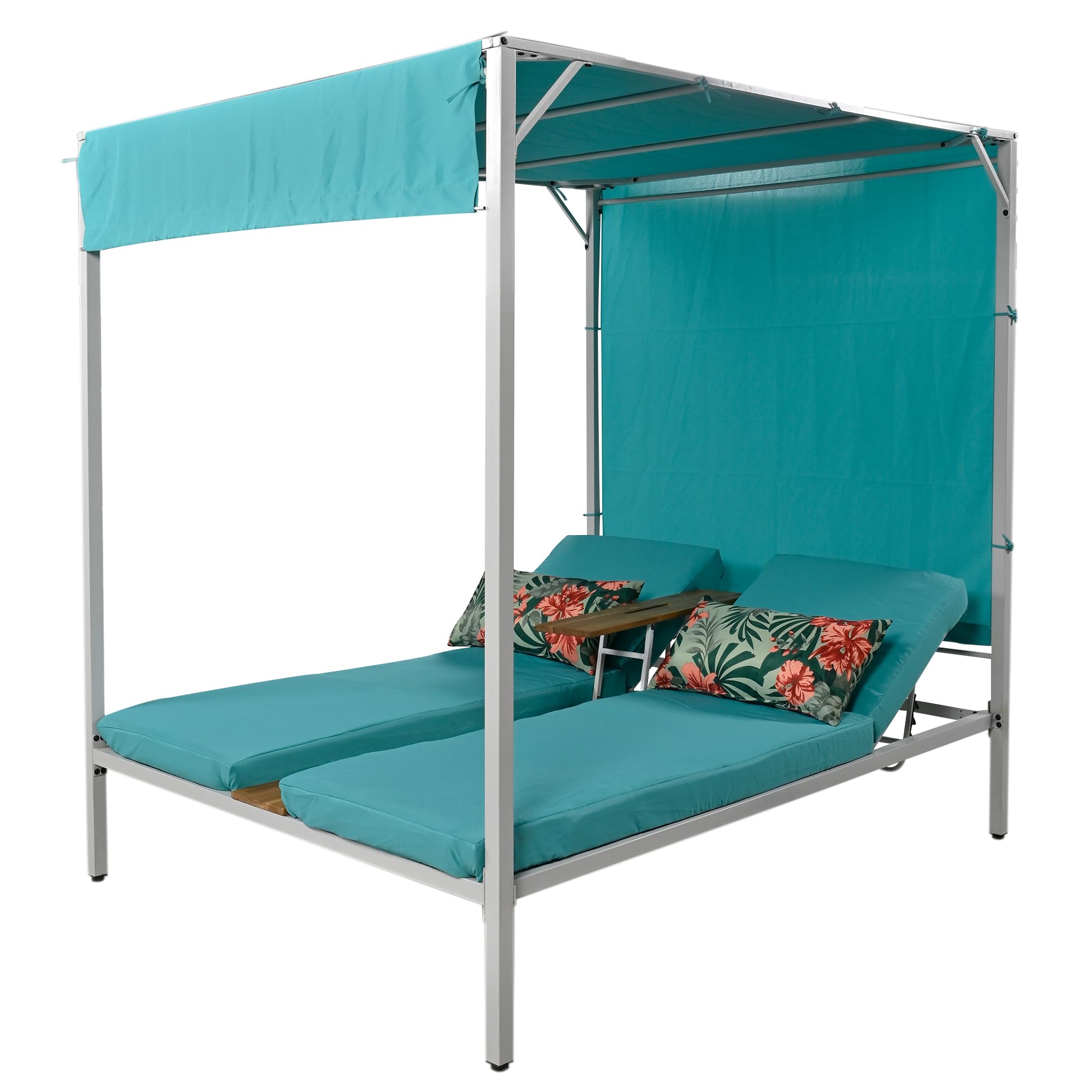 GOAWGO Outdoor Patio Daybed with Canopy-Double Chaise Lounge, 2-Person Sunbed with Comfy Cushions & Throw Pillows, Adjustable Small Tabletop, Sunshade Curtains, 3-Position Adjustable Backrest (Blue)