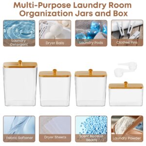 COAZEX 4 Pack Clear Laundry Pods Container & Dryer Sheet Holder, Plastic Square Laundry Room Organization and Storage Jars with Lids, Scoops & Labels for Detergent, Powder, Dryer Balls, Beads