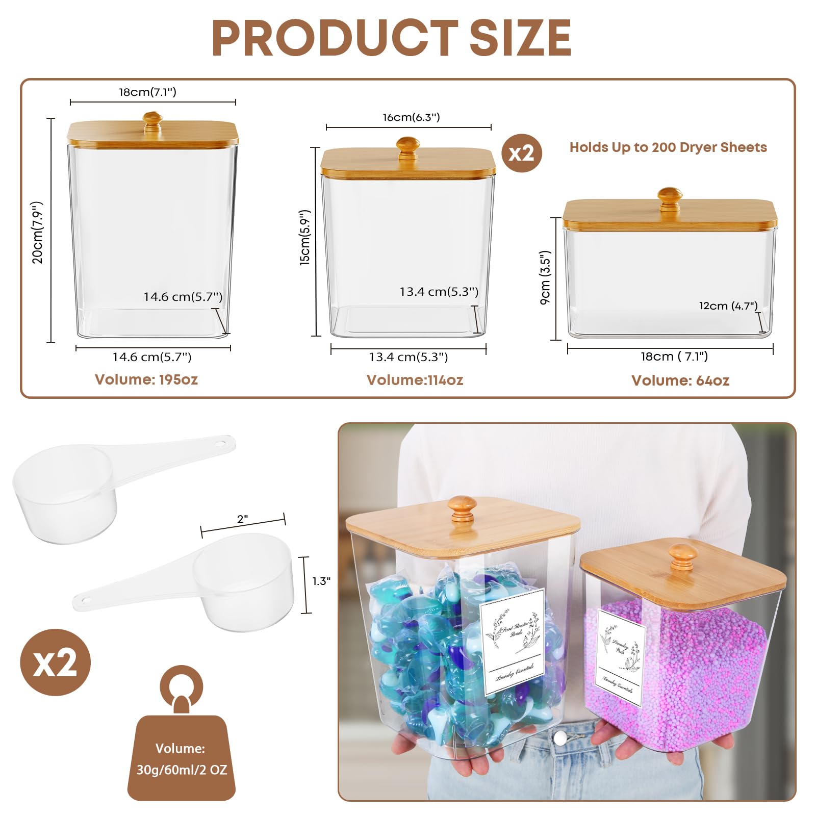 COAZEX 4 Pack Clear Laundry Pods Container & Dryer Sheet Holder, Plastic Square Laundry Room Organization and Storage Jars with Lids, Scoops & Labels for Detergent, Powder, Dryer Balls, Beads