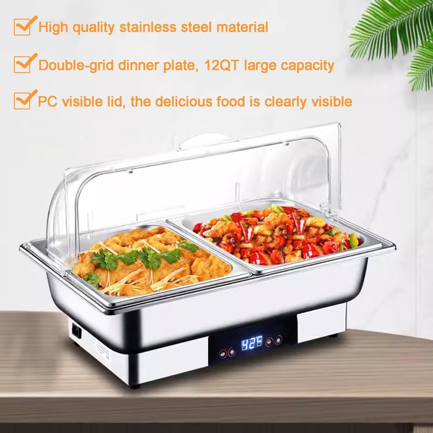 Electric Chafing Dish for Buffet Set 12QT Large Food Warmers 600W with Clear Roll Top and Temperature Control Touch Display Half Size Stainless Removable Pans for Parties Restaurants Entertaining