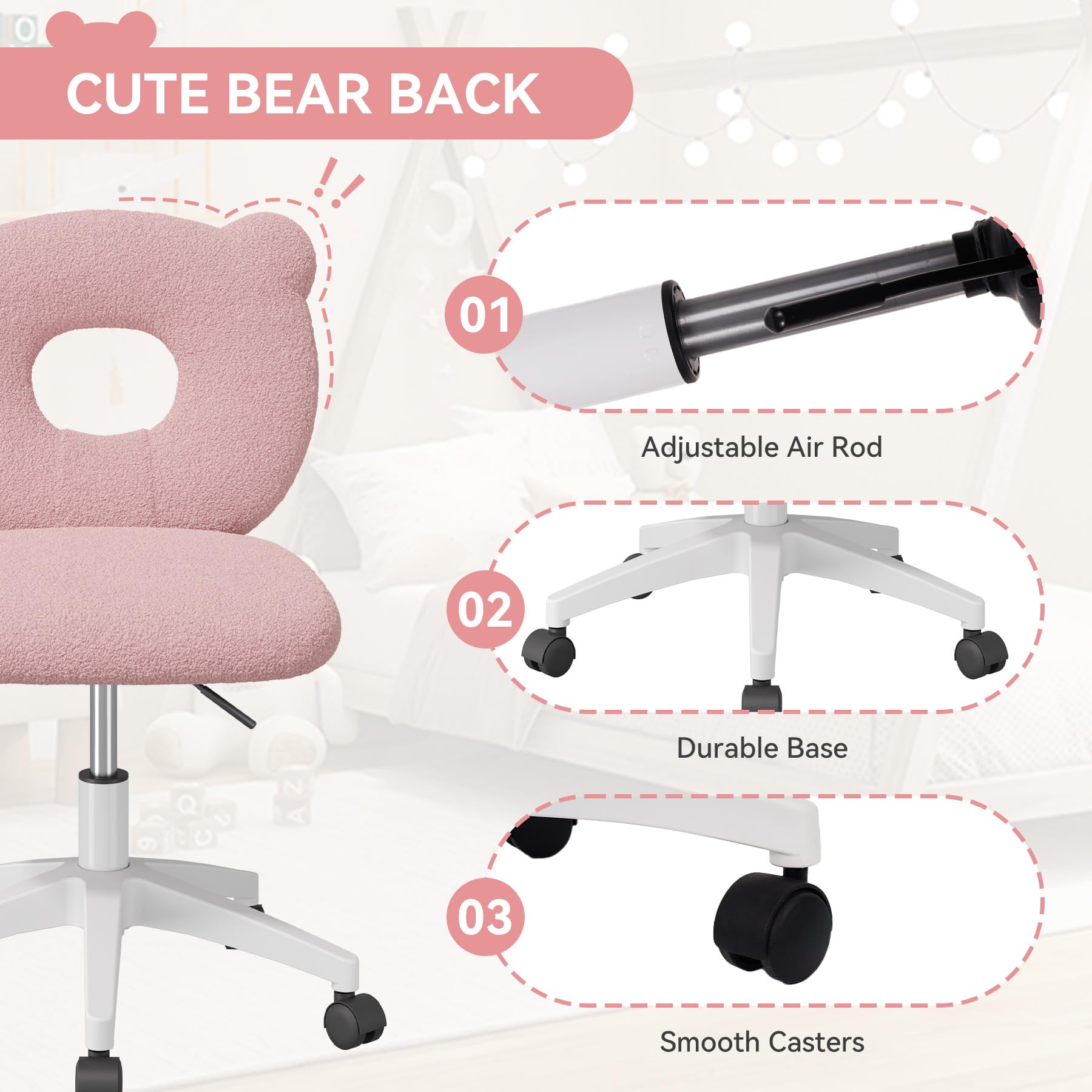 Nebuaegis Bear Kids Desk Chair with Wheels& Back, Adjustable Armless Child Study Chair, Cute Teddy Fabric Office Chair, Vanity Makeup Chair for Girl & Lady in Bedroom Reading Living Room,Pink