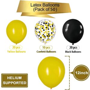 Yellow and Black Balloons with Yellow and Black Confetti Balloons for Graduation Baby Shower Wedding Birthday Family Bee Theme Party Decoration,50Pcs 12inch