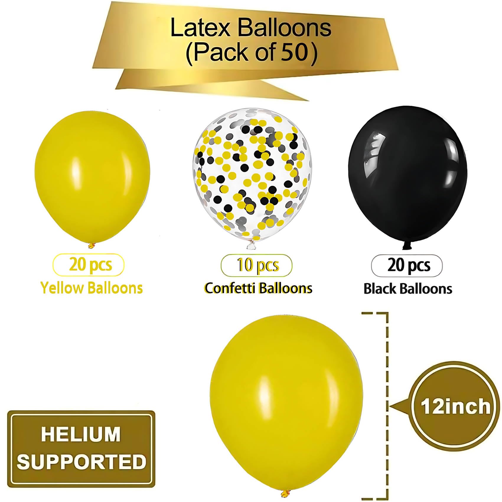 Yellow and Black Balloons with Yellow and Black Confetti Balloons for Graduation Baby Shower Wedding Birthday Family Bee Theme Party Decoration,50Pcs 12inch