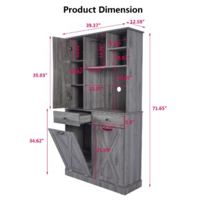 Bocarali Double Tilt Out Trash Cabinet, 20 Gallon Wood Free Standing Storage Cabinet with Drawers Shelves Wine Rack, Kitchen Garbage Can Recycling Bin Cabinet for Farmhouse Kitchen Living Room, Gray