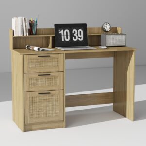 funkoco computer desk with rattan drawers and hutch shelf - 47 inch home office writing desk with storage file drawer & monitor stand, modern wood pc laptop workstation computer table