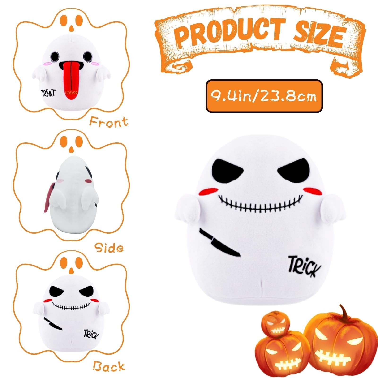 GSJNG Double Sided Halloween Ghost Plush - 9.4 inches Trick or Treat Spooky Stuffed Animal Plush Ghost Pillow Halloween with Themed Packaging, Ideal for Halloween Lovers, Kids, and Adults Alike