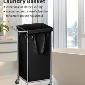 SOBECHOI Laundry Basket with Wheels, Rolling Laundry Hamper, 29 Gallons (110L), Removable Liner and Steel Frame - Steel Frame with Handle - Ink Black, 19.6 x 15.5 x 32.6 Inches