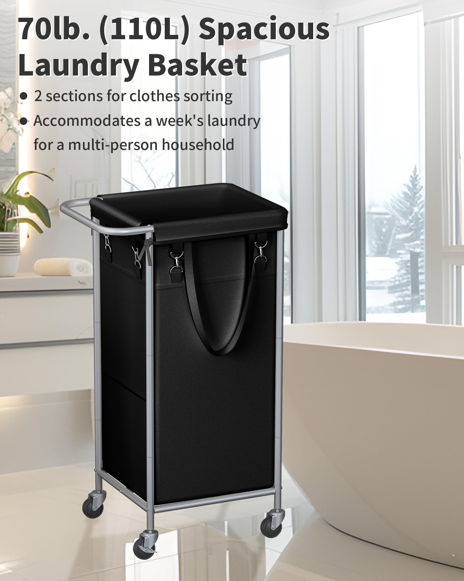 SOBECHOI Laundry Basket with Wheels, Rolling Laundry Hamper, 29 Gallons (110L), Removable Liner and Steel Frame - Steel Frame with Handle - Ink Black, 19.6 x 15.5 x 32.6 Inches