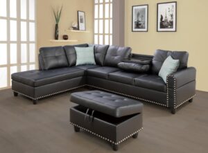 yopto faux leather sectional sofa with movable storage ottoman,l-shape upholstered modular couch 5 seater w/ 2 toss pillows and 2 cup holders for living room,office,black,98"