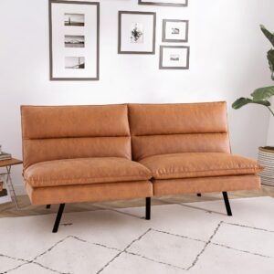 AMICLIBER Futon Sofa Bed, Memory Foam Futon Armless Sleeper Sofa Loveseat Convertible Couch Bed for Small Compact Living Spaces,Apartment,Brown Leather