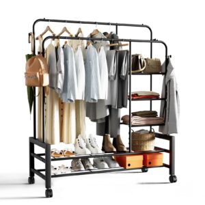 s&r plkop double rods mobile clothing rack heavy duty garment rack for hanging clothes, 4 side hooks, black, clothes racks for hanging clothes multifunctional bedroom storage