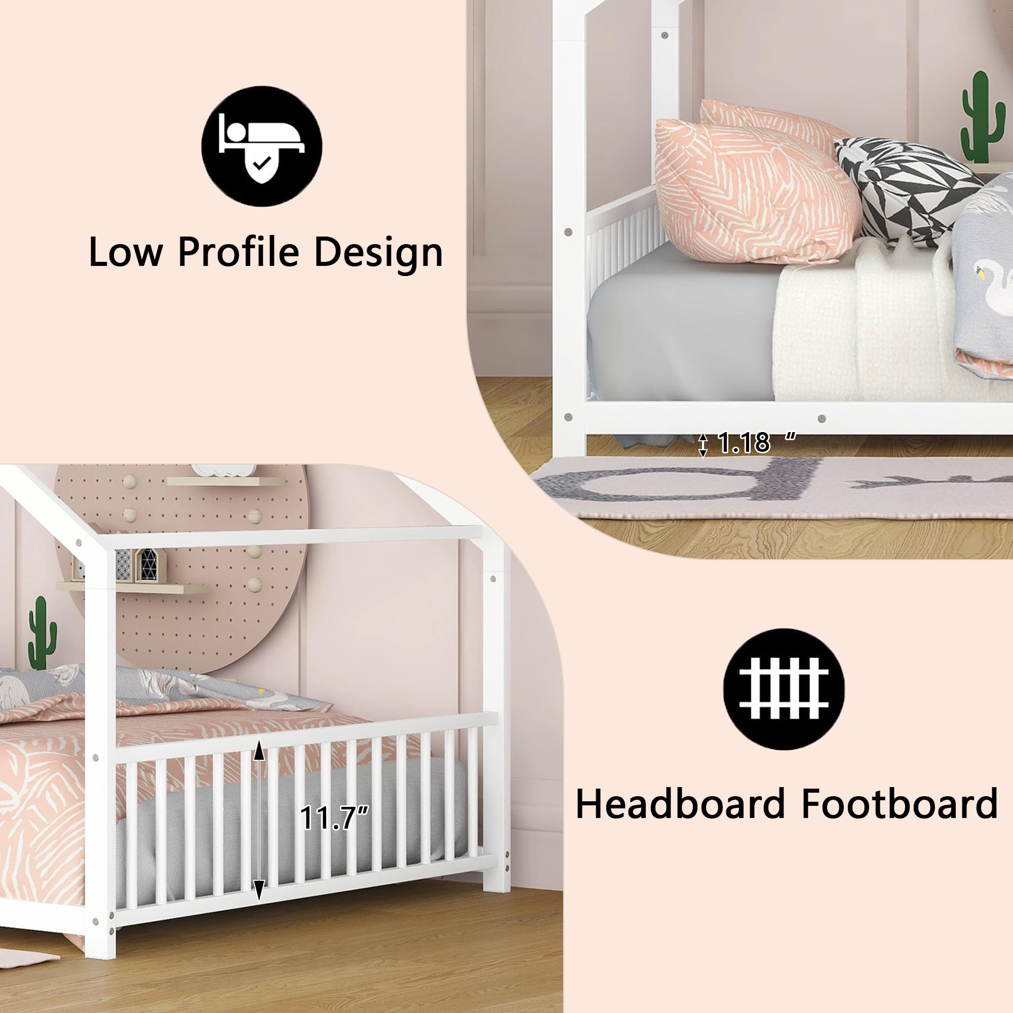 Metal Montessori Floor Bed, Full Size House Bed Frame with Headband and Slats, Full Floor Bed/Cute Montessori Bed for Kids, Girls, Boys(Full White)