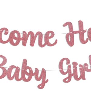 Welcome Home Baby Girl Banner - Pink Baby Shower Decorations for Girl, Gender Reveal Baby Shower Inside Outside Decoration Rose Gold Glitter