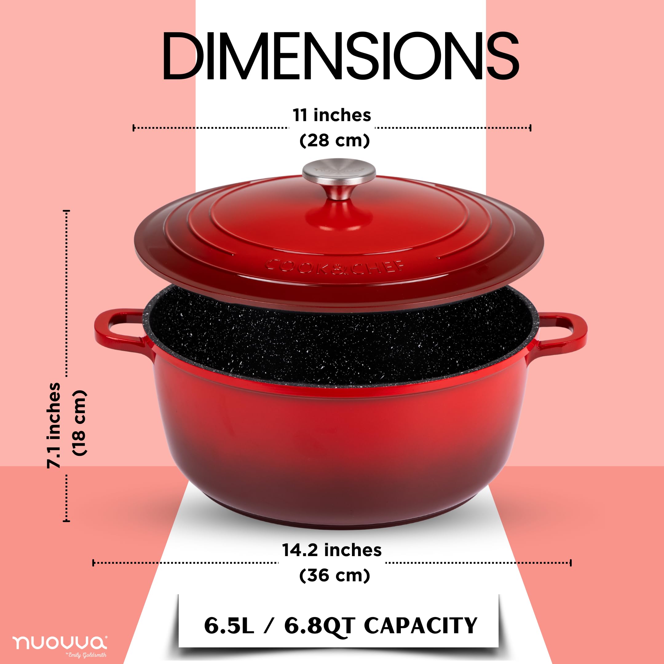 Dutch Oven Pot with Lid – Non Stick Dutch Oven for Bread Baking – Cast Aluminum Cooking Pot – Oven Safe Stock Pot – 6.8-Quart, 11 Inch, Red – by Nuovva