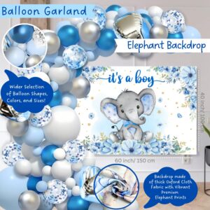 187 pc Premium Elephant Baby Shower Decorations for Boy - Balloon Garland Arch, Balloons Boxes, Baby Boy Banner, It's a Boy Backdrop, Mommy to Be Sash, Tablecloth, Elephant Cutouts and more