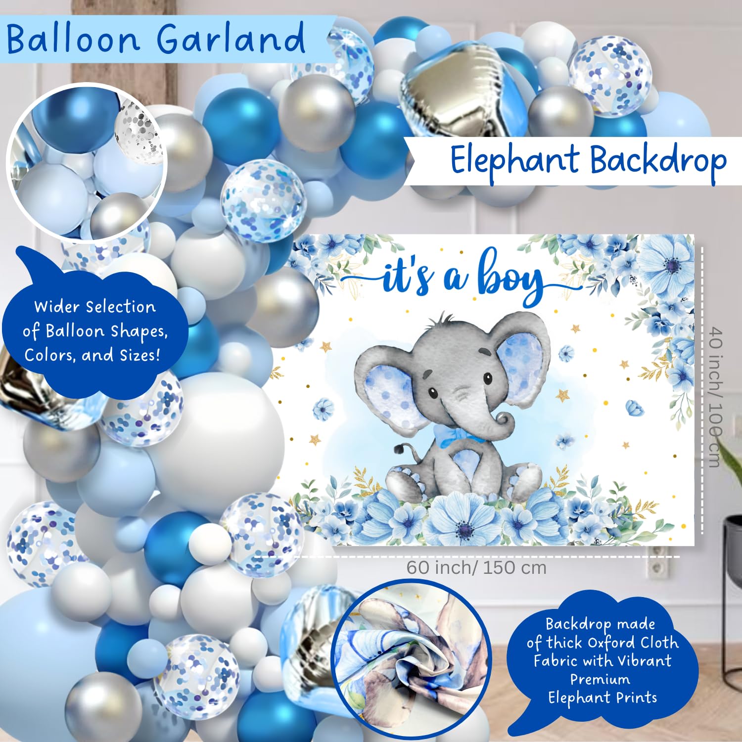 187 pc Premium Elephant Baby Shower Decorations for Boy - Balloon Garland Arch, Balloons Boxes, Baby Boy Banner, It's a Boy Backdrop, Mommy to Be Sash, Tablecloth, Elephant Cutouts and more