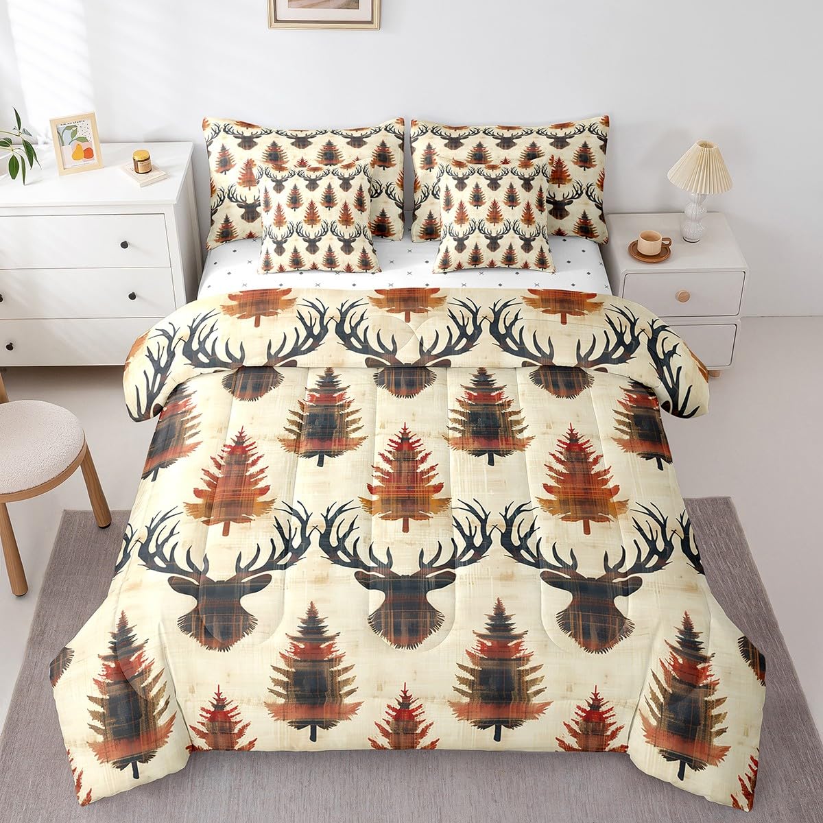 Feelyou Boys Girls Cute Deer Comforter Set with Sheets Queen Size, Deer Hunting 7 Pieces Bedding Sets Kids Antlers Bed in A Bag Boho Teens Bed Set Bedroom Decor