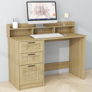 FUNKOCO Computer Desk with Rattan Drawers and Hutch Shelf - 47 Inch Home Office Writing Desk with Storage File Drawer & Monitor Stand, Modern Wood PC Laptop Workstation Computer Table