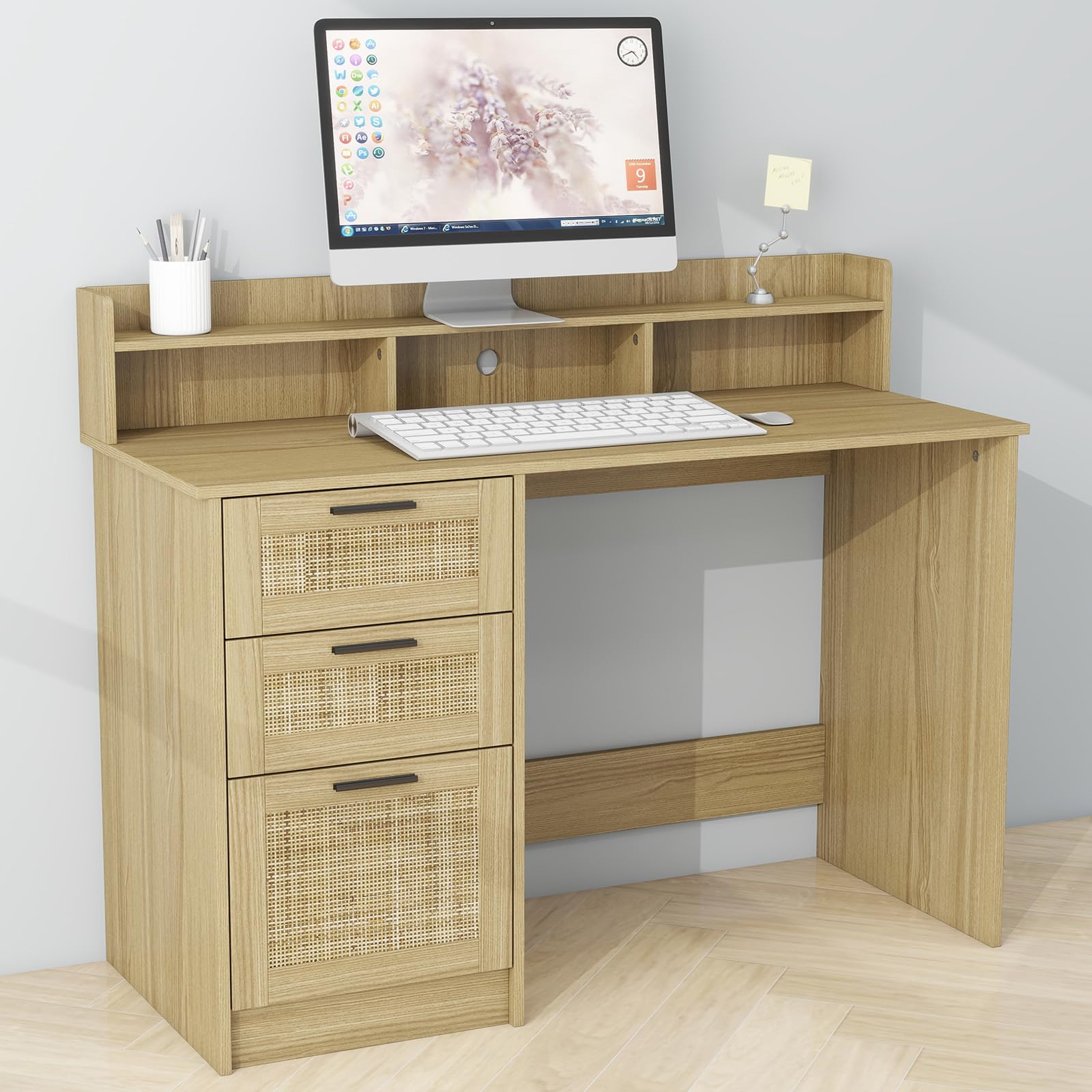 FUNKOCO Computer Desk with Rattan Drawers and Hutch Shelf - 47 Inch Home Office Writing Desk with Storage File Drawer & Monitor Stand, Modern Wood PC Laptop Workstation Computer Table