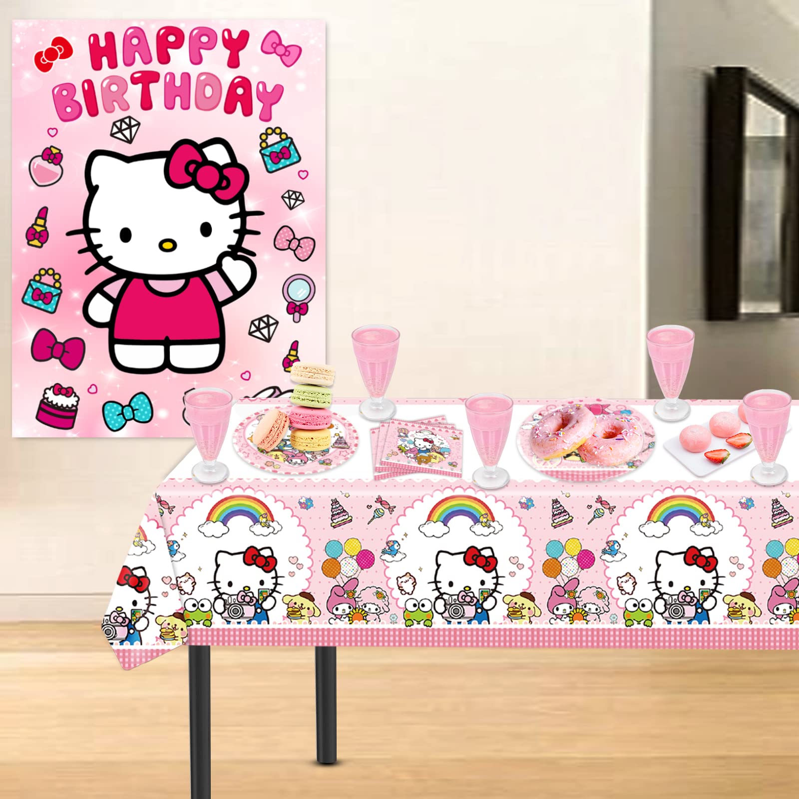 Kitty Birthday Party Supplies, 20 Plates, 20 Napkins and 1 Tablecover for Girls Kitty Party Decorations