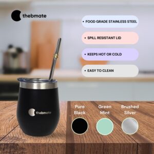 thebmate Classic Yerba Mate Set – Double Walled Stainless Steel Mate Cup – Mate Gourd with Spill Resistant Lid, Bombilla Straw and Cleaning Brush (8 oz) (Pure Black)